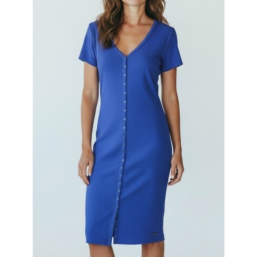 GUESS Royal Midi Bodycon Ribbed Button Front Fitted Stretchy Y2K Dress Size L